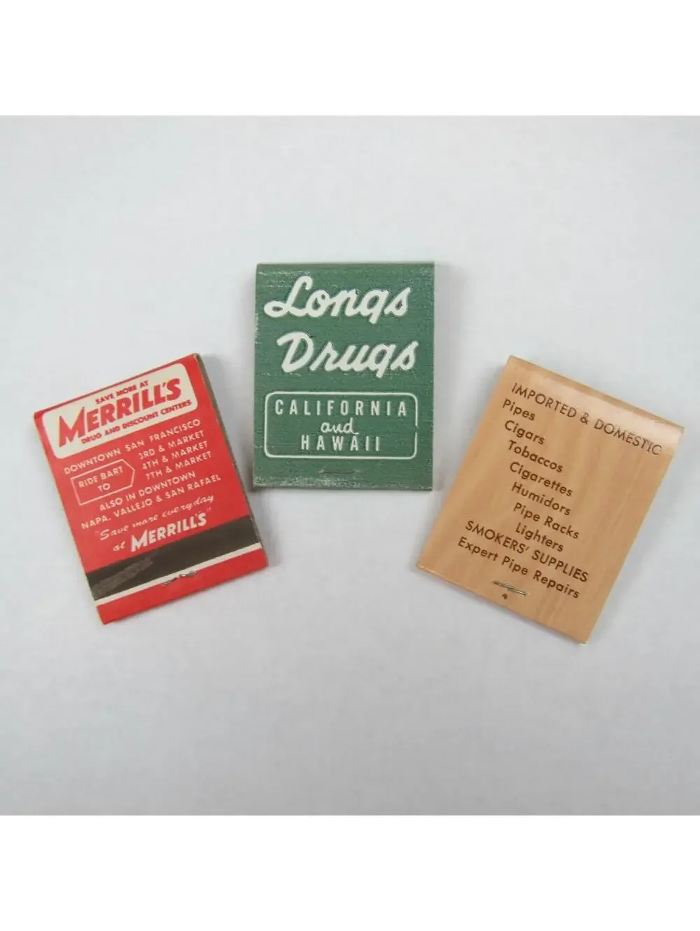 3 Vintage Matchbooks Merrill's Drug, Longs Drugs & Village Pipe Shop California